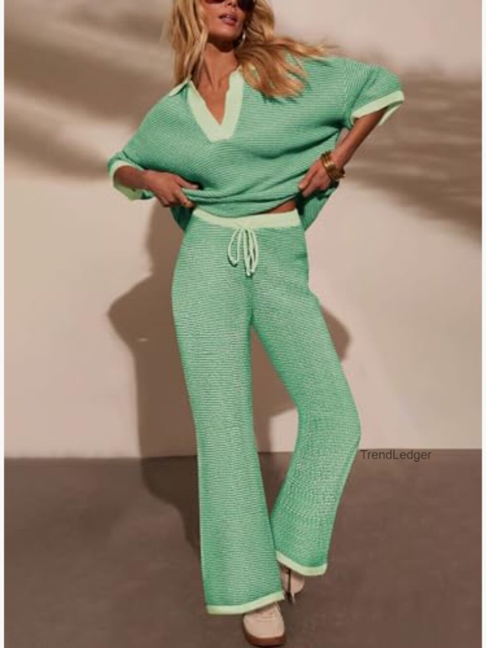 2 Piece Lounge Set Oversized V Neck Top High Waisted Pants - Picture 3 of 7